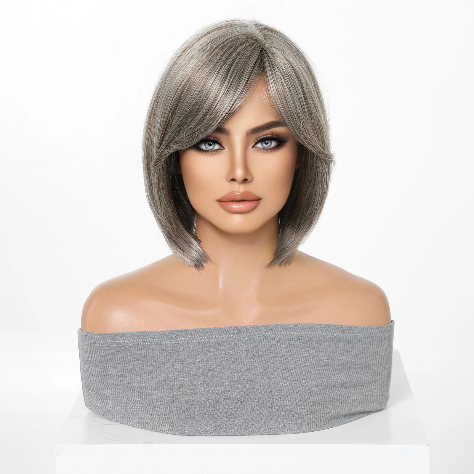Kurze, gerade, synthetische Perücke, grau-blond, Ombre, hitzebeständige Faser, natürlich aussehend, für den täglichen Gebrauch, Party, Cosplay, für Frauen im Alltag – Detail 3