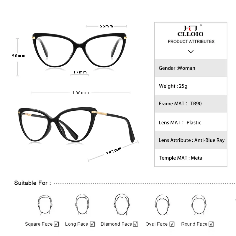 CLLOIO Luxury Reading Glasses for Women Versatile Cat Eye Anti Blue Light Myopia Glasses Hyperopia Optical Eyeglasses Frame 2098