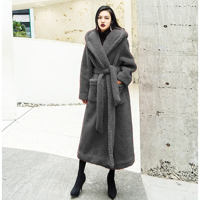Women Faux Fur Coats Solid Long Fur Jackets Lace Up Pocket Hooded Long Sleeve Thick Warm Fur Loose Fit Casual 2025 Autumn Winter