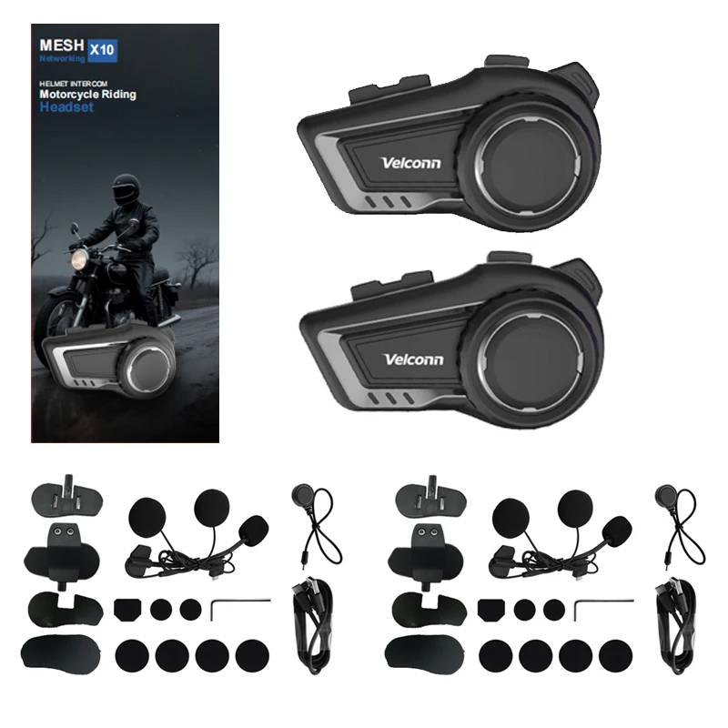 Velconn X10 Motor Mesh Intercom Helm Headset Bluetooth 5.1 Voor 10 Rijders 1500M Full Duplex Interphone Muziek delen/EQ FM