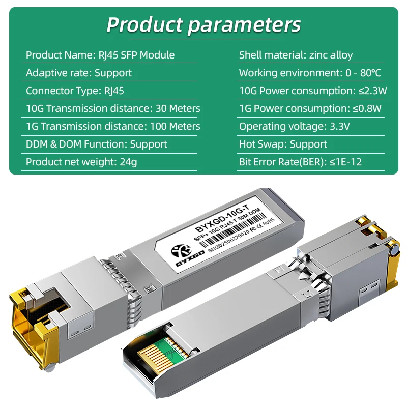 BYXGD 1G/10G BASE-T Copper SFP+ Transceiver Module Rate Adaptive RJ45 Compatible with Cisco MikroTik NEC Switch Router Server