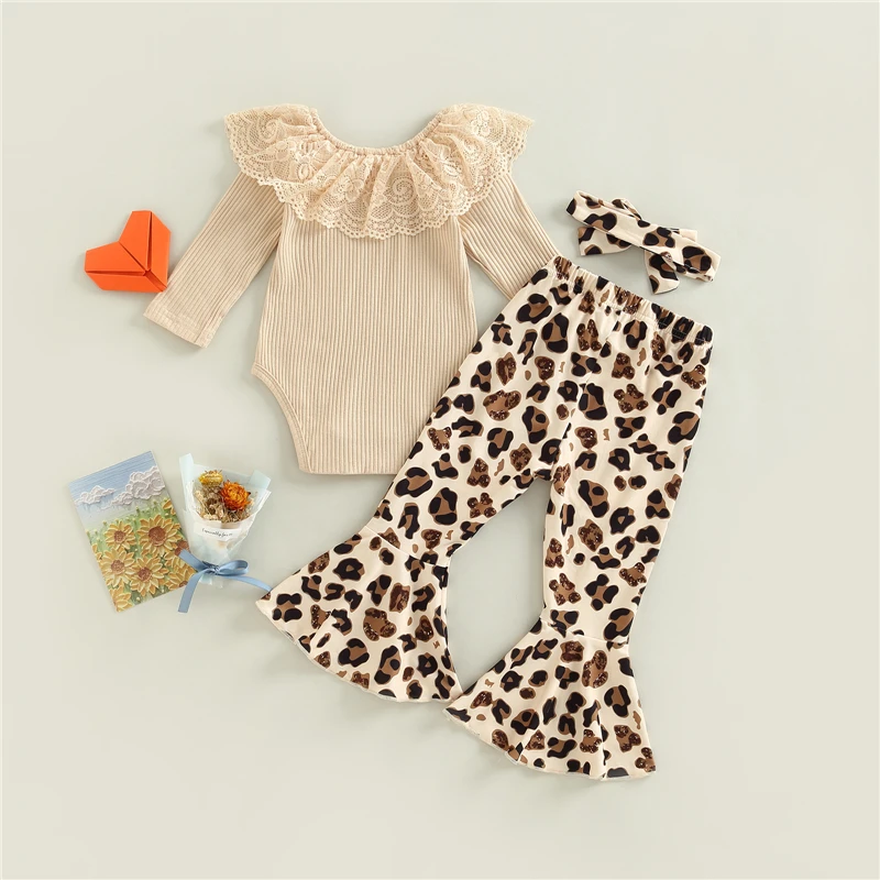 Infant Baby Girls 3pc Outfit Lace Ruffles Knitted Ribbed Long Sleeve Romper + Leopard/Floral Print Flare Pants + Headband Set