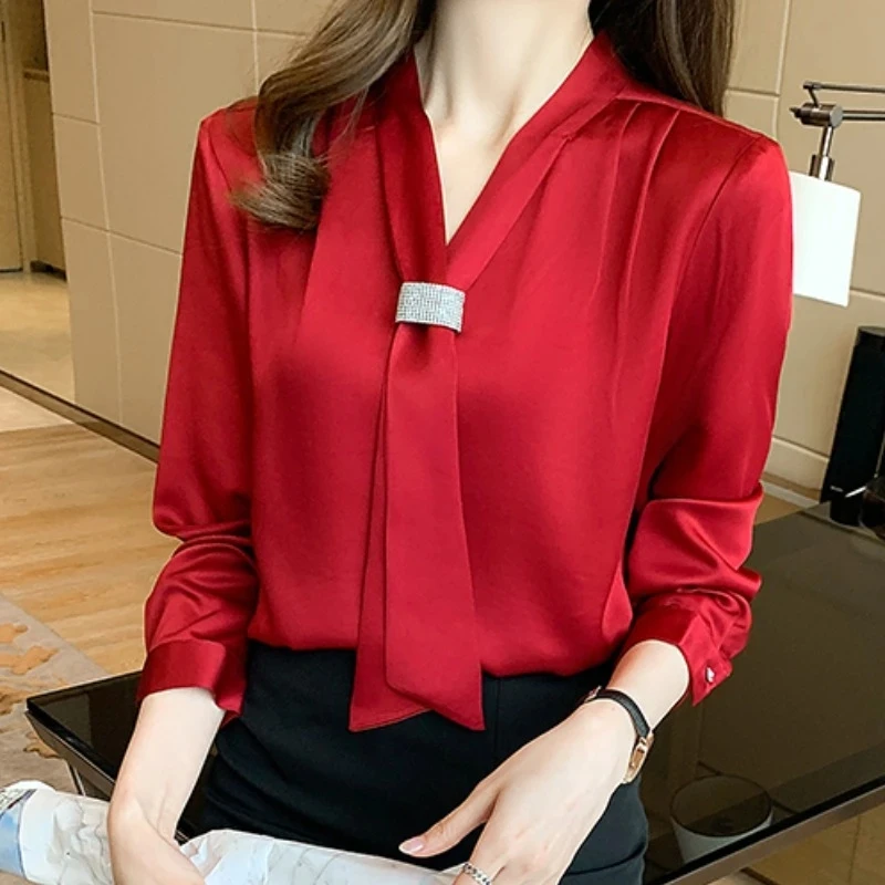 Korean Women Shirts Chiffon Blouses for Women Long Sleeve Shirts Tops Woman Ribbon Blouse Tops Fashion Woman Bow Tie Shirt XXL