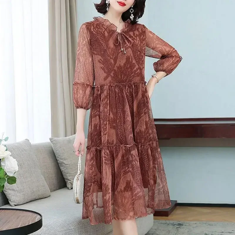 

Summer New Casual Half Sleeve Midi Dress Vintage Printed Women's Clothing Ruffles Spliced Stylish Drawstring Loose Dresses E7601