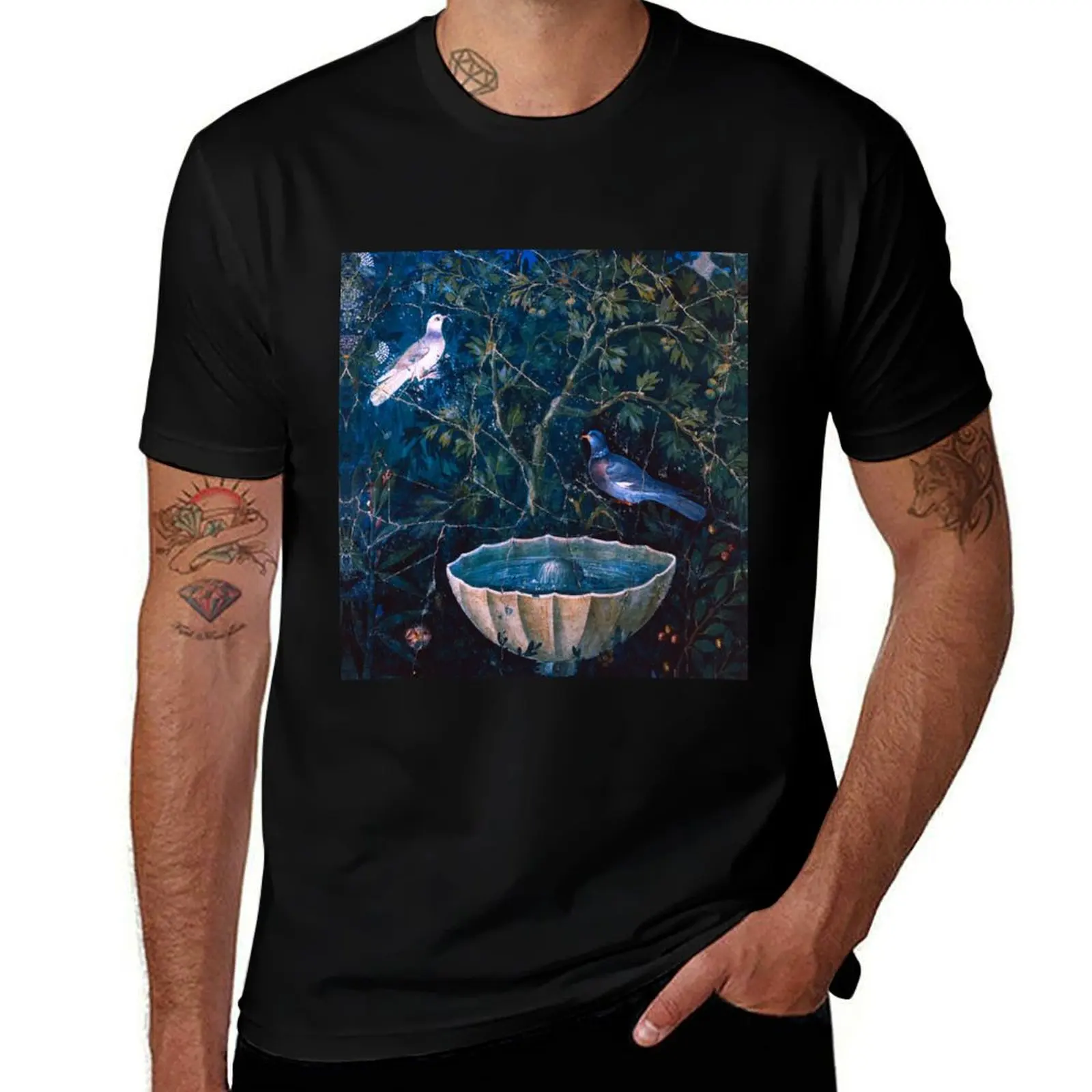 POMPEII COLLECTION / DOVES AND FOUNTAIN IN GARDEN ,BLUE GREEN FLORAL T-Shirt Long Lasting Casual T-Shirt