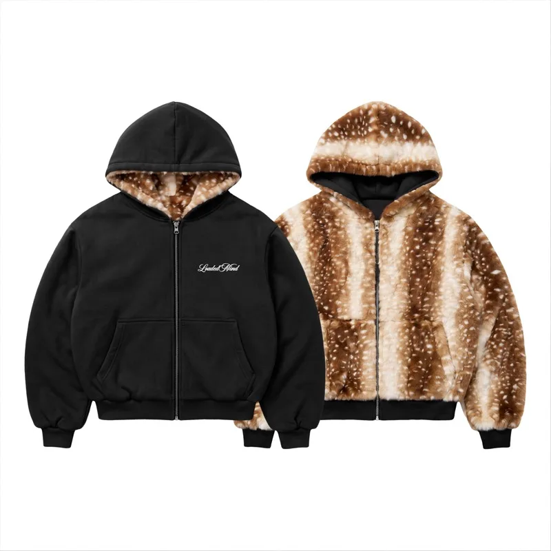 Y2K Retro Bambi Zip Sweatshirt Faux Fur Deer Pattern Reversible Hoodie Black Elegant Mori Embroidery Streetwear Women Boxy Coat