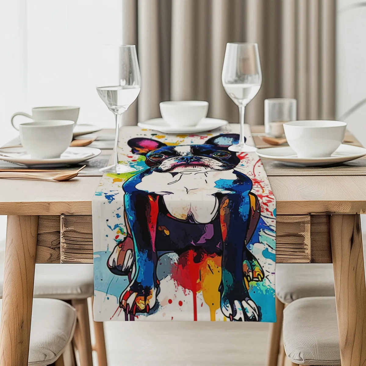 print table runner Colorful French Bulldog Pop Art Pattern Tablecloth for Seasonal Celebrations Both Indoor And Outdoor Dining S