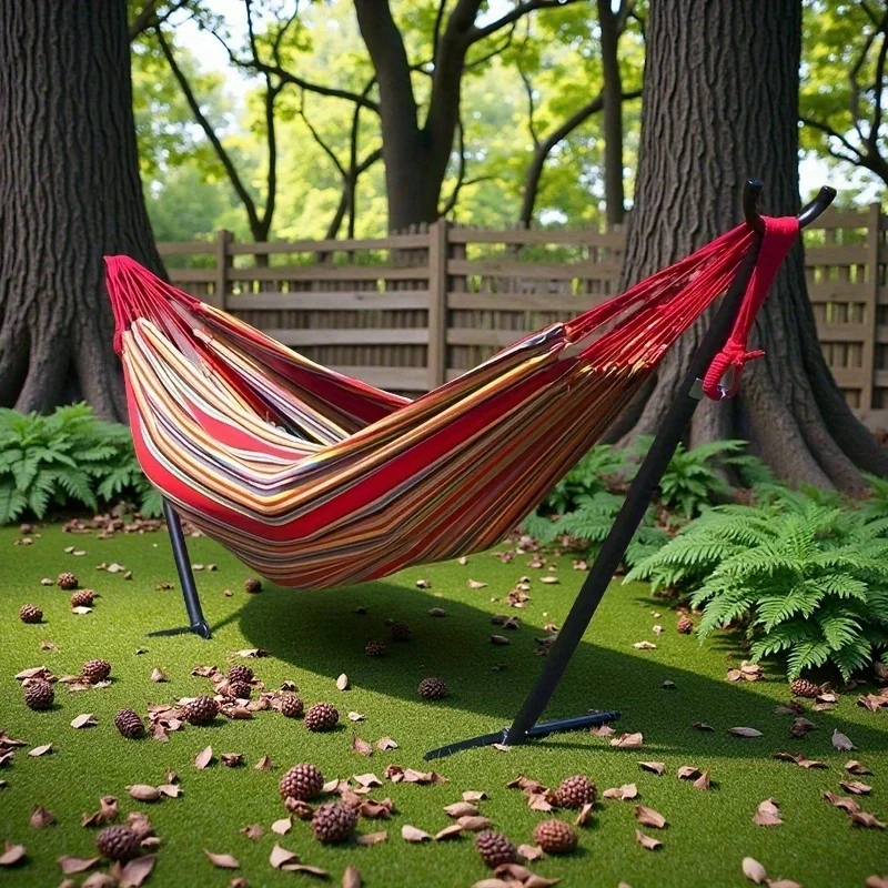 Trendy Striped Outdoor Hammock with Safety Upgrade - Anti- Tipping Design for Double Stability, and Portable Storage for Easy C