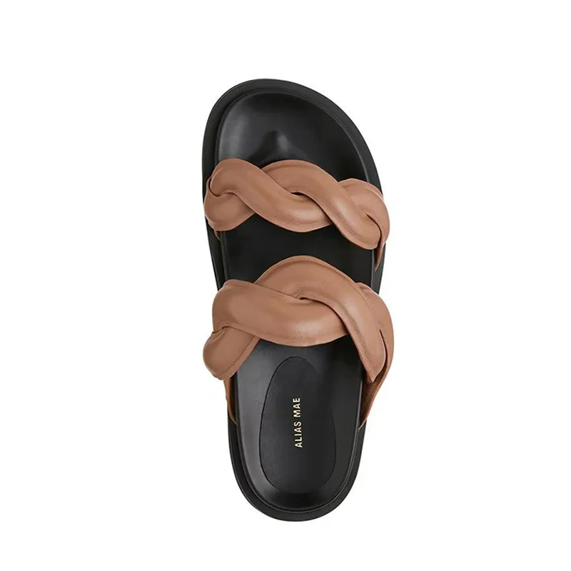 ALIAS MAE genuine leather cross woven flat bottomed straight ribbon women's home and outdoor leisure versatile slippers