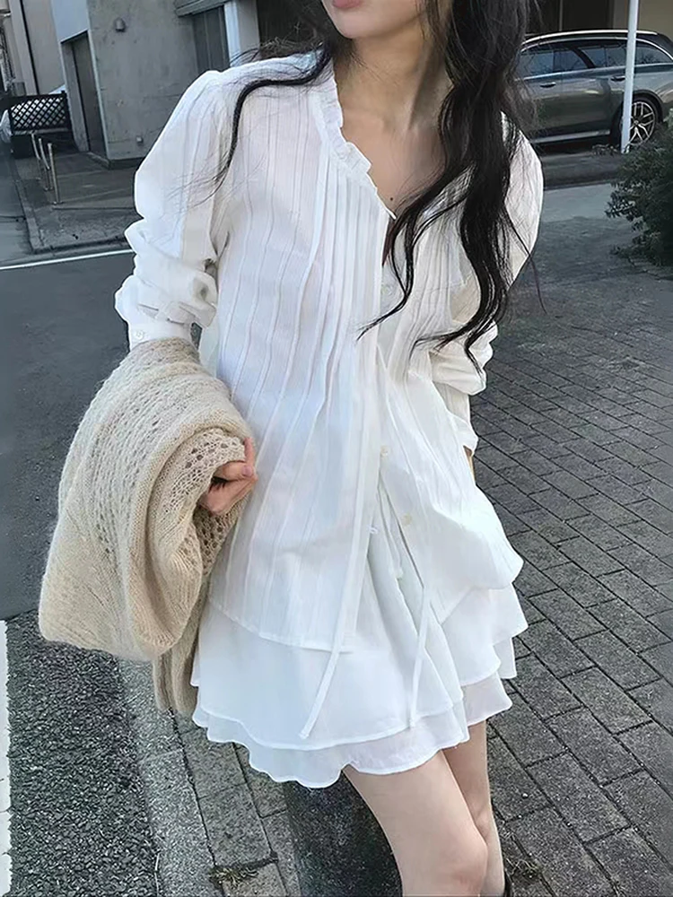 

Romantic Pure Cotton Women's Shirt Heart Collar Bow Tie Vertical Stripes Gored Hem Loose Fit Long Sleeve Shirt for Spring