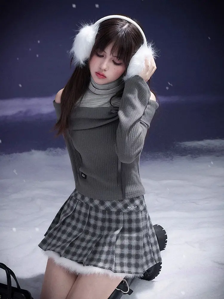 

Japanese Sweet Spliced Off The Shoulder Fake Two Piece Y2k Harajuku High Street Plaid Pleated Skirt Autumn Winte New 2 Piece Set