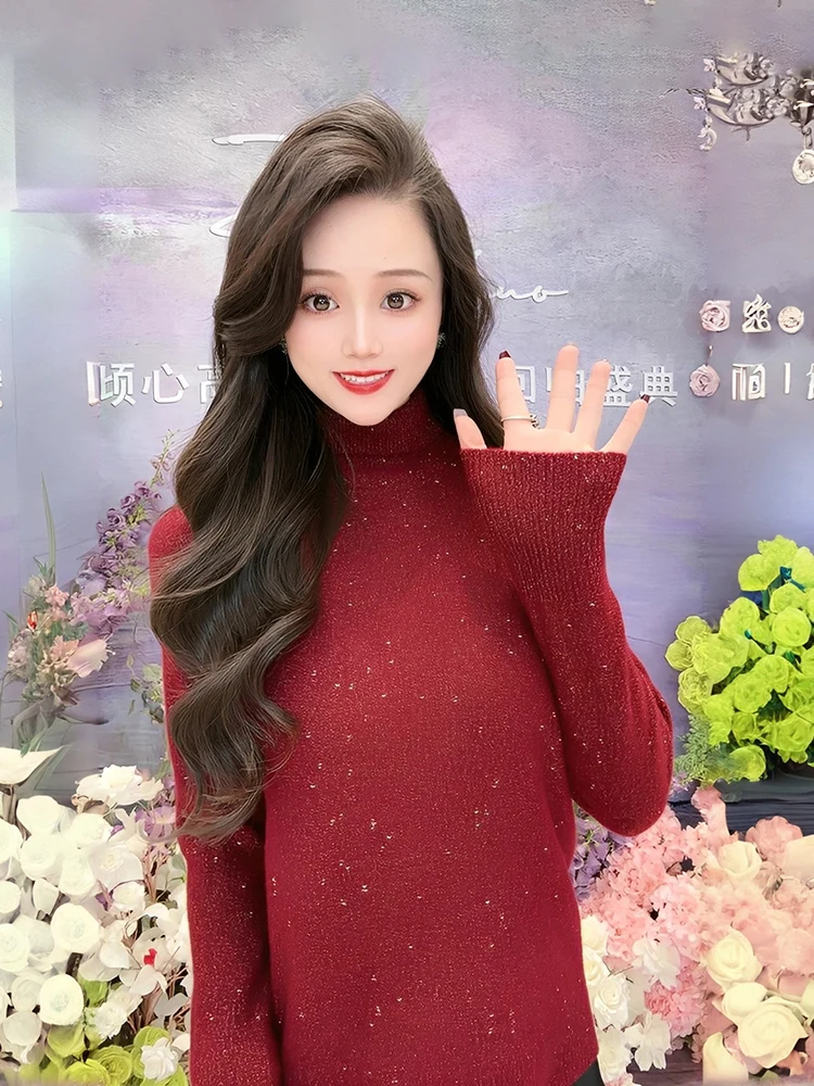 

Красный шерстяной свитер женский, модный, для ношения под одеждой, зимний вязаный топ, блестящий, элегантный, удобный, мягкий материал