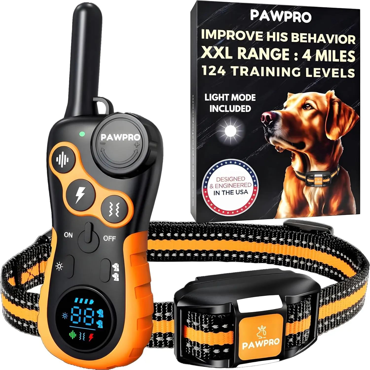 

Dog Shock Collar with Remote, 4-Mile Range, Night-Light, 124 Levels, 4 Modes, Waterproof Rechargeable, Fits All Dogs