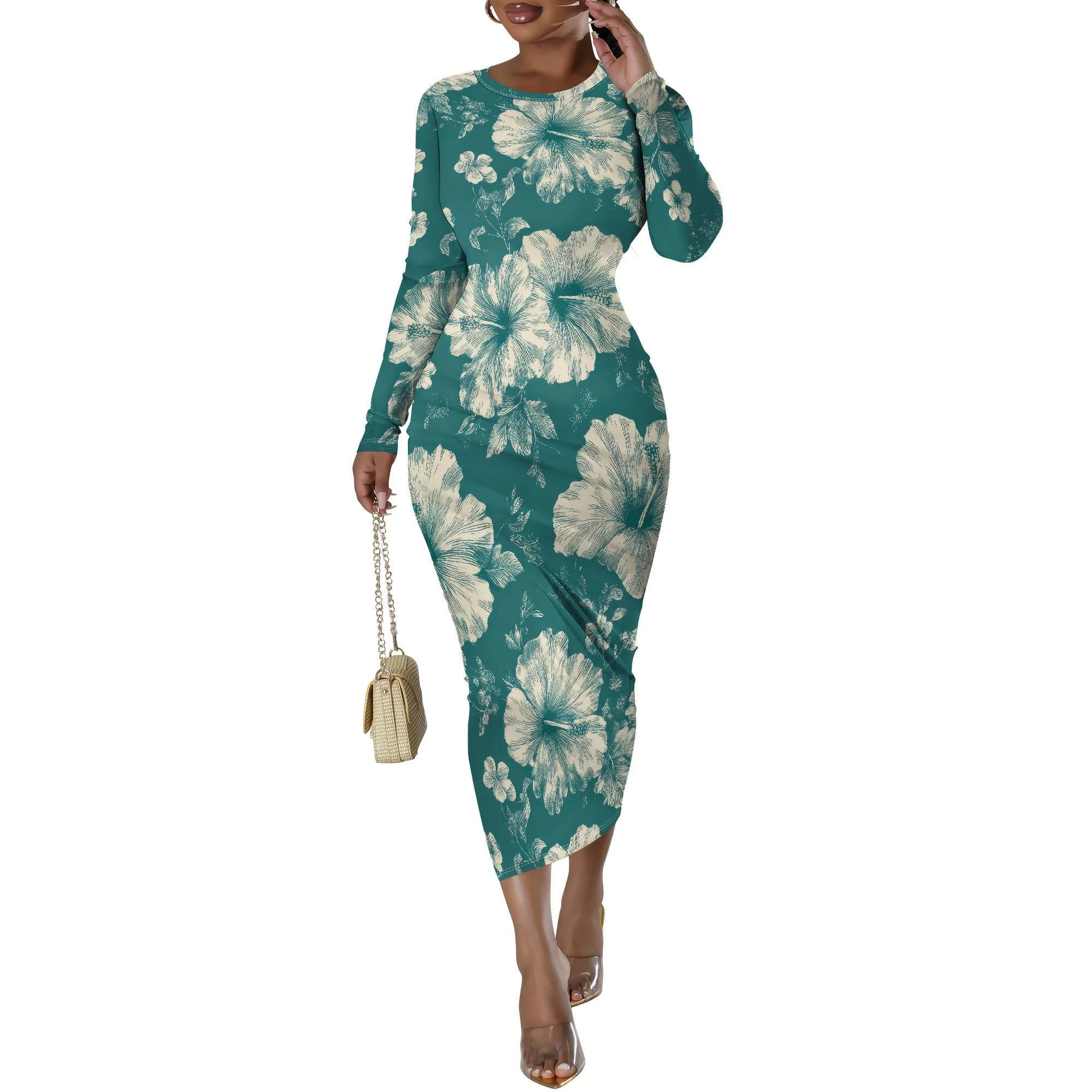 

Wedding Guest Dresses for Women Casual Round Neck Long Sleeve Fall Ruched Bodycon Winter Trendy Party Club Maxi Long Dresses