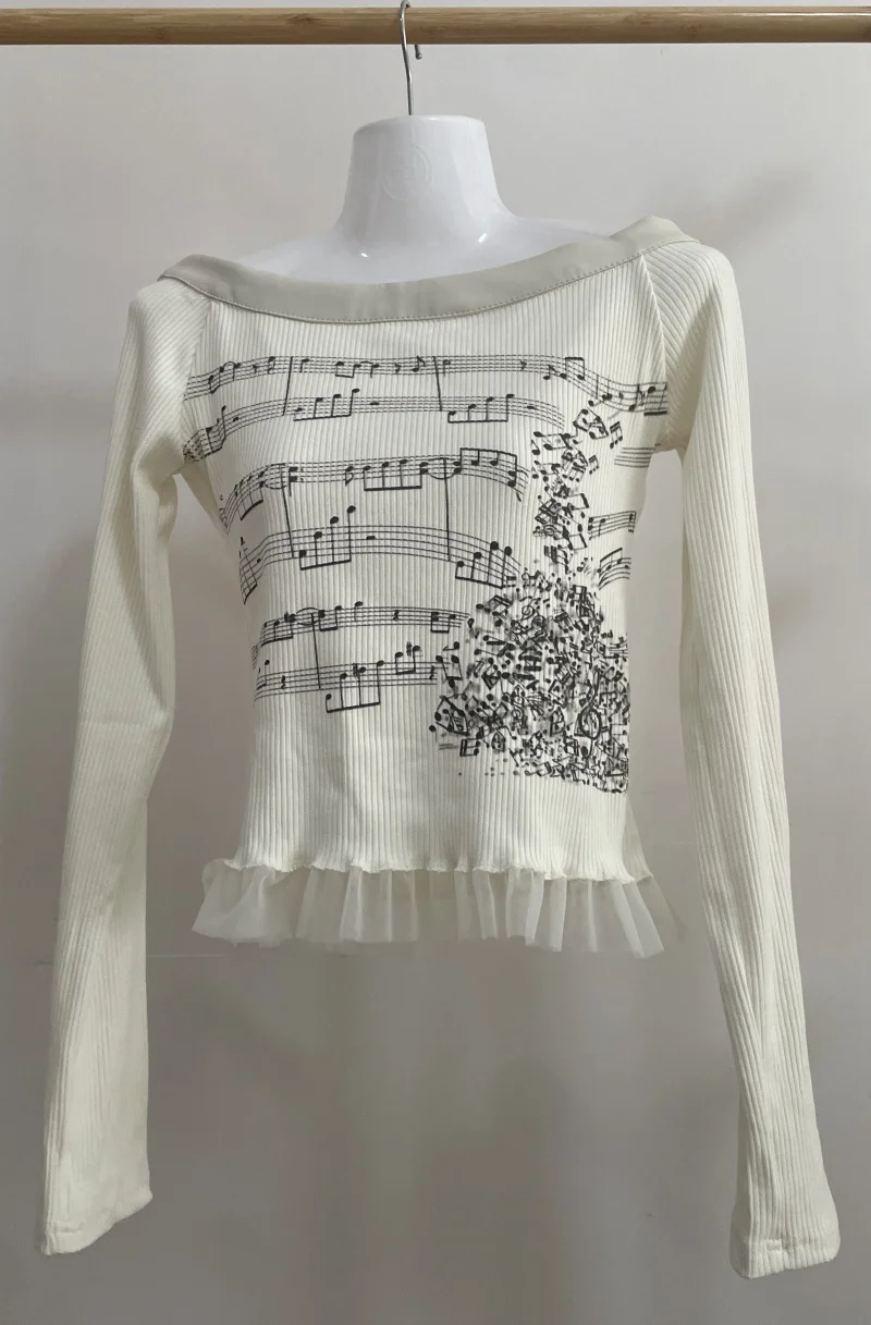 Women's Long Sleeve Top Cotton Tshirts Music Score Print Y2k Tops