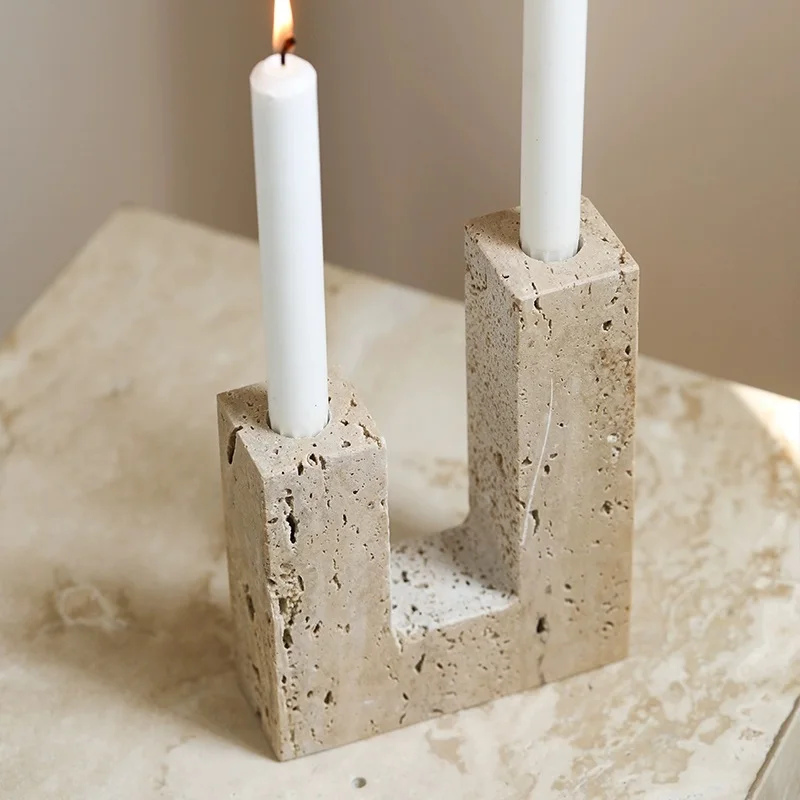 Real Travertine Natural Stone Candle Holder Italy Beige Taper Candlestick Holder For Home Dinner Decoration Wedding Party