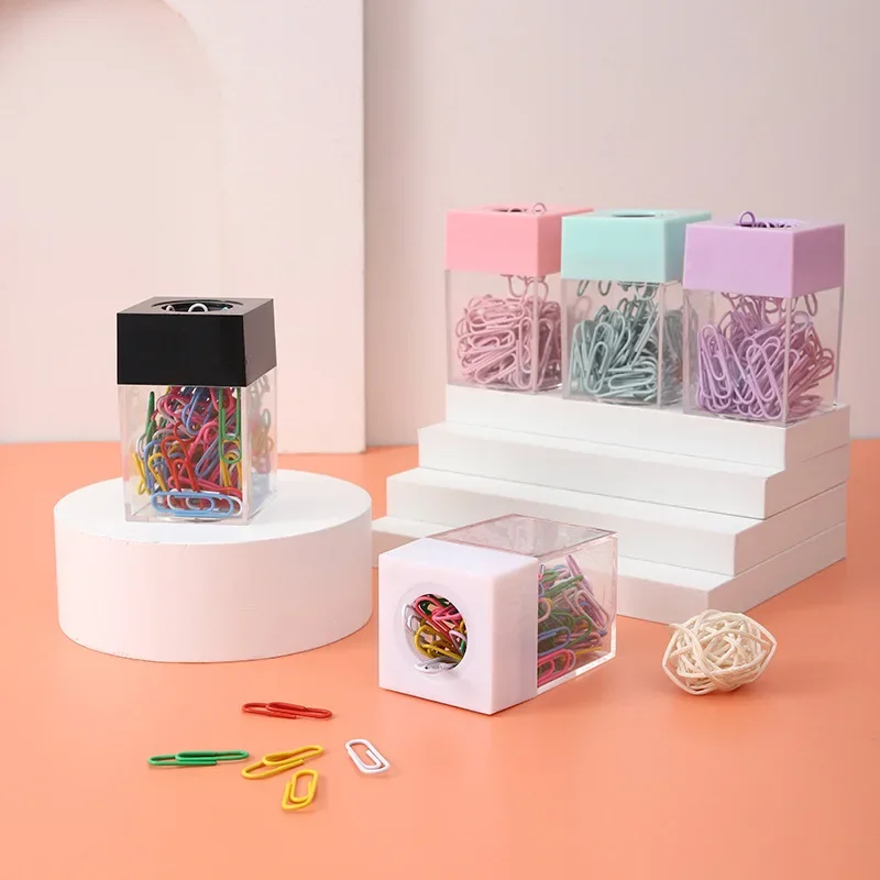 18pcs Clips Square Macaron Colored Magnetic Paper Clip Storage Bucket Plastic Colored Transparent Paper Clip Bucket