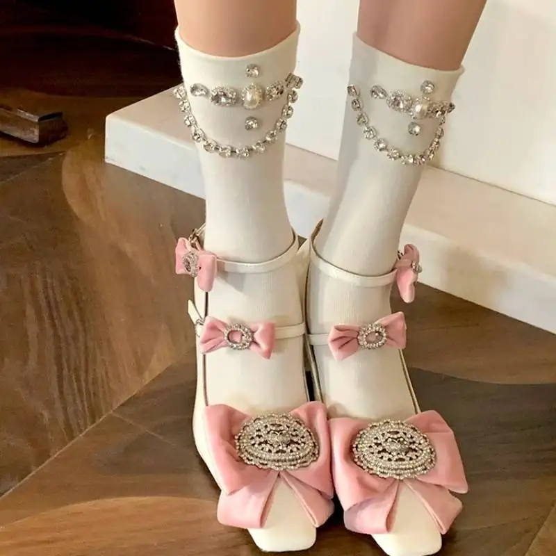 Women Kawaii Lolita Mid Calf Socks White Knit Socks With Rhinestone Chain Pearl Decor Cute Princess Dress Socks Party Cosplay