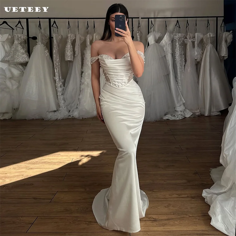 

UETEEY Customized Elegant Off Shoulder Pleats Crepe Mermaid Wedding Dress Beaded Lace Zipper Back Court Train Bridal Gown