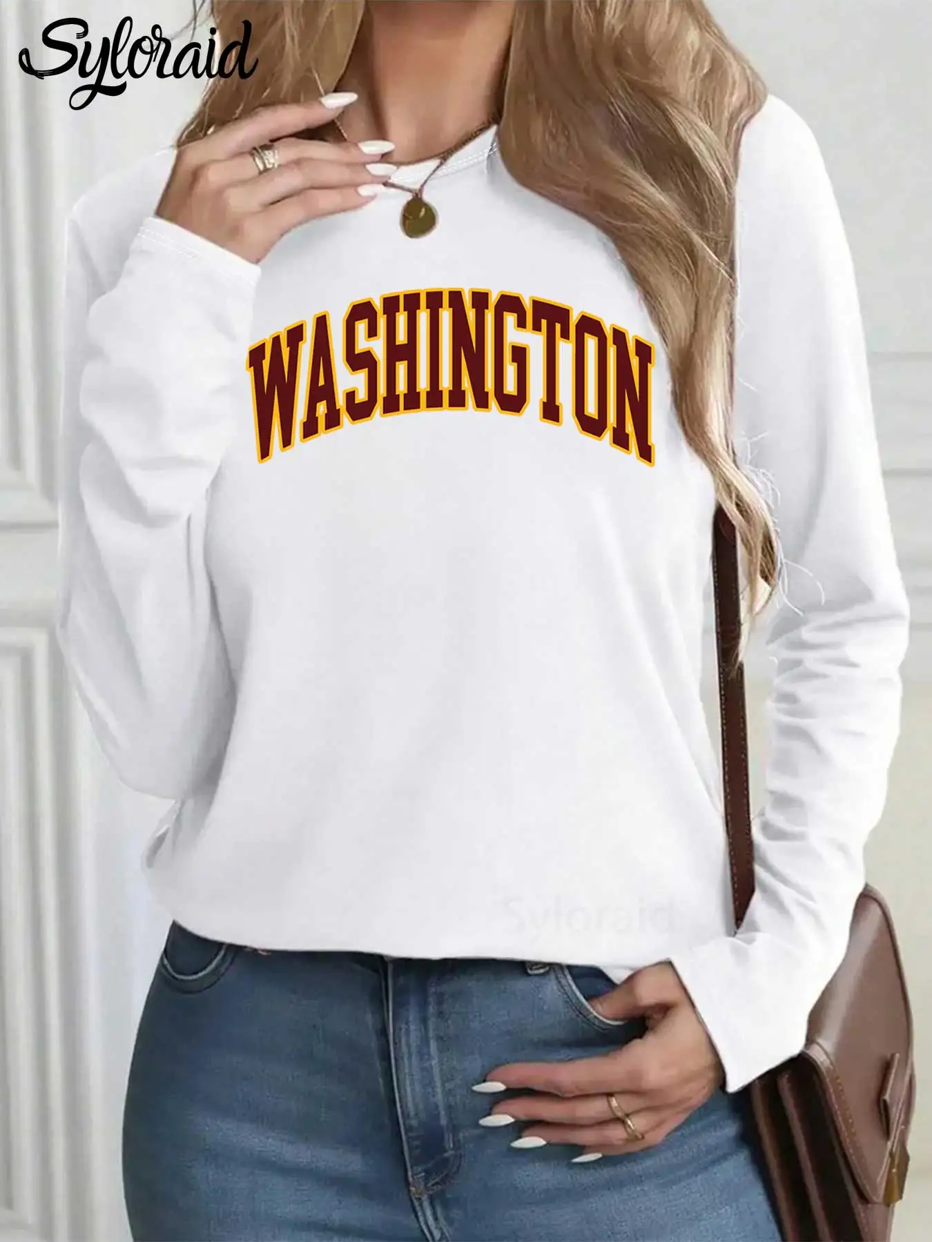 تي شيرت نسائي بأكمام طويلة مطبوع عليه كرة القدم في واشنطن، قميص يوم اللعبة، قميص كاجوال برقبة دائرية #1