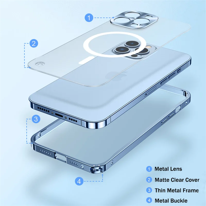 Metal Aluminum Alloy Frame for Magsafe Magnetic Wireless Charger Case for IPhone 14 15 Plus 13 Pro Max 12 Mini 14Pro Matte Cover