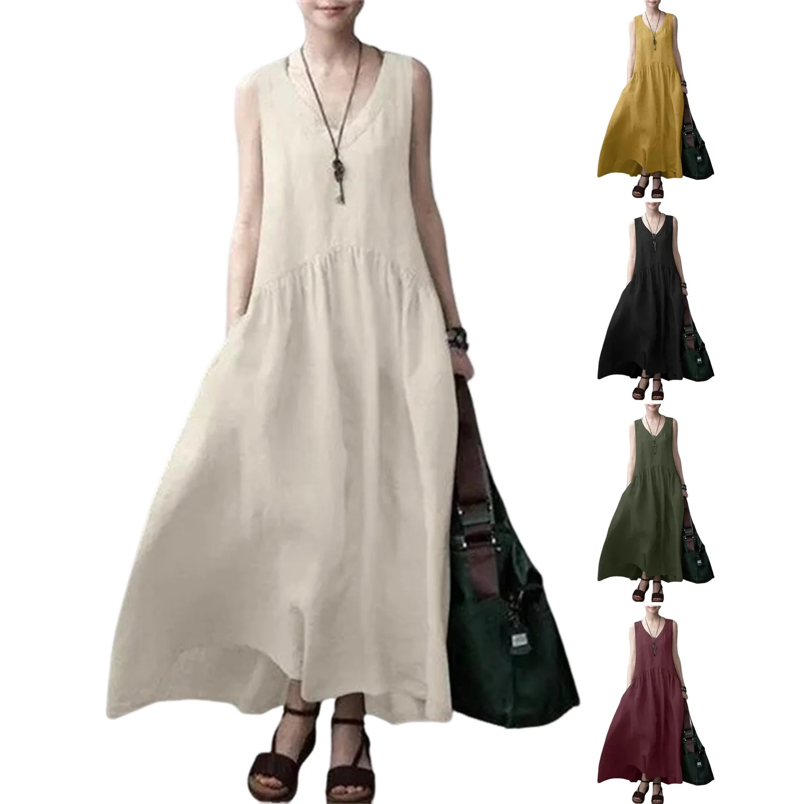 Retro Solid Cotton Linen Pleated Long Dress Woman Spring Fashion V Neck Loose Maxi Dress Summer Sleeveless Tank Boho Beach Dres
