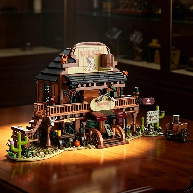 1902PC Western Cowboy Tavern Building Blocks With Lights House Villa Assembly Rechargeable Bricks Model Street View Toys Decor