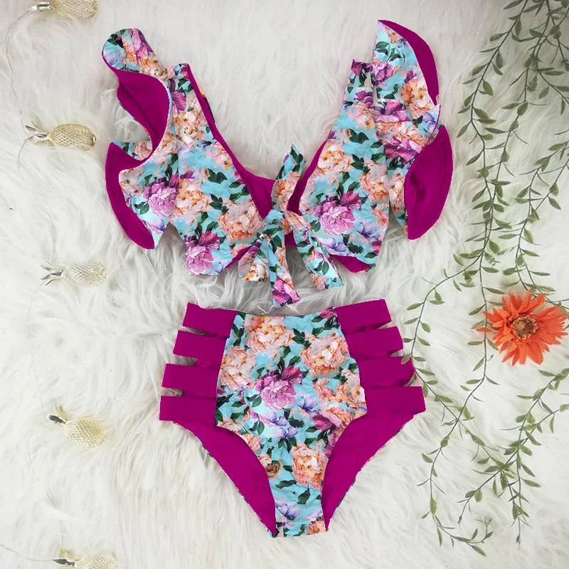 Bikini Sexy de cintura alta para mujer, traje de dos piezas, traje de mujer, ropa de playa de modelo Floral, V Nit