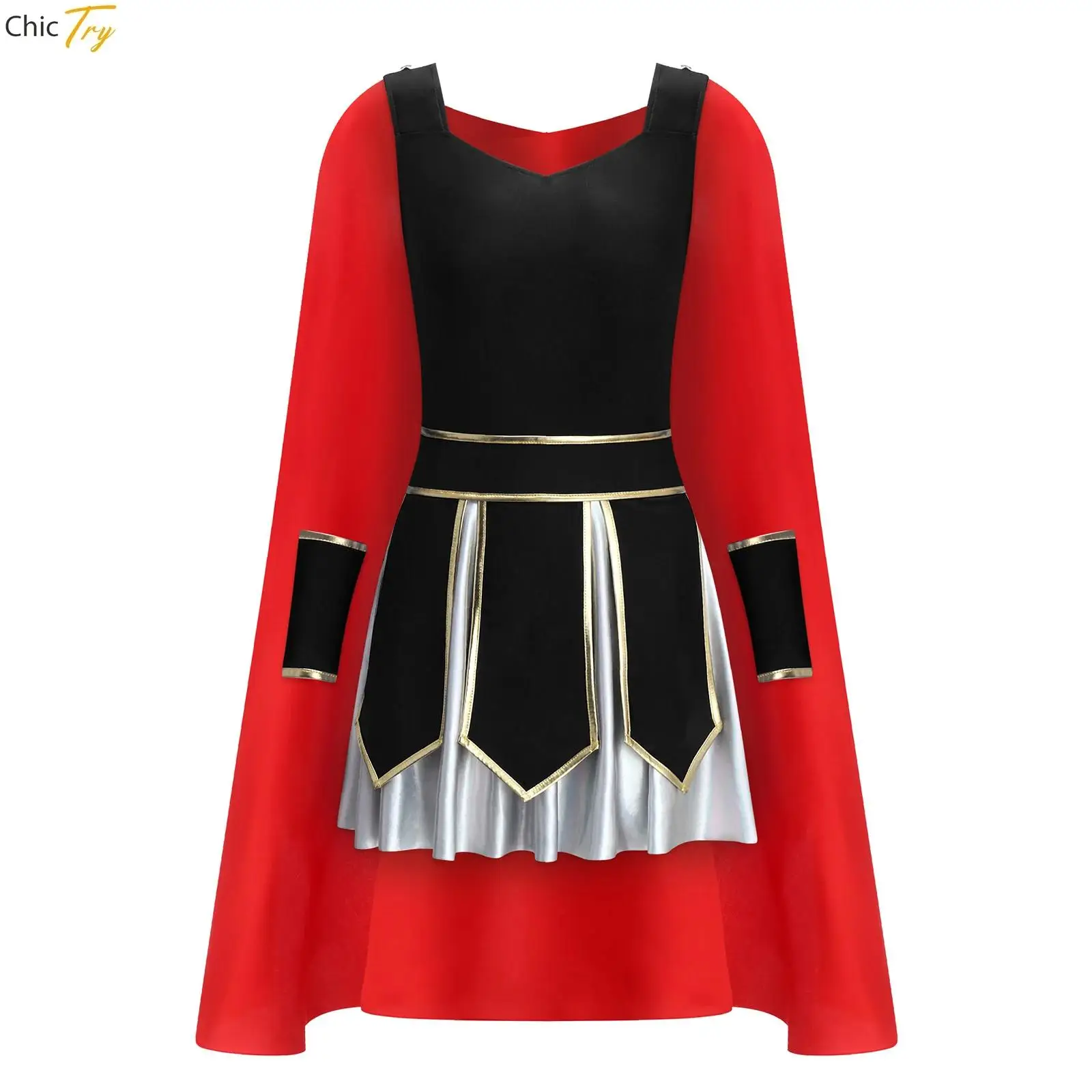 Disfraz de soldado gladiador romano antiguo de Halloween para mujer, disfraz de Cosplay con capa de satén, puños, uniformes, vestido de princesa guerrero