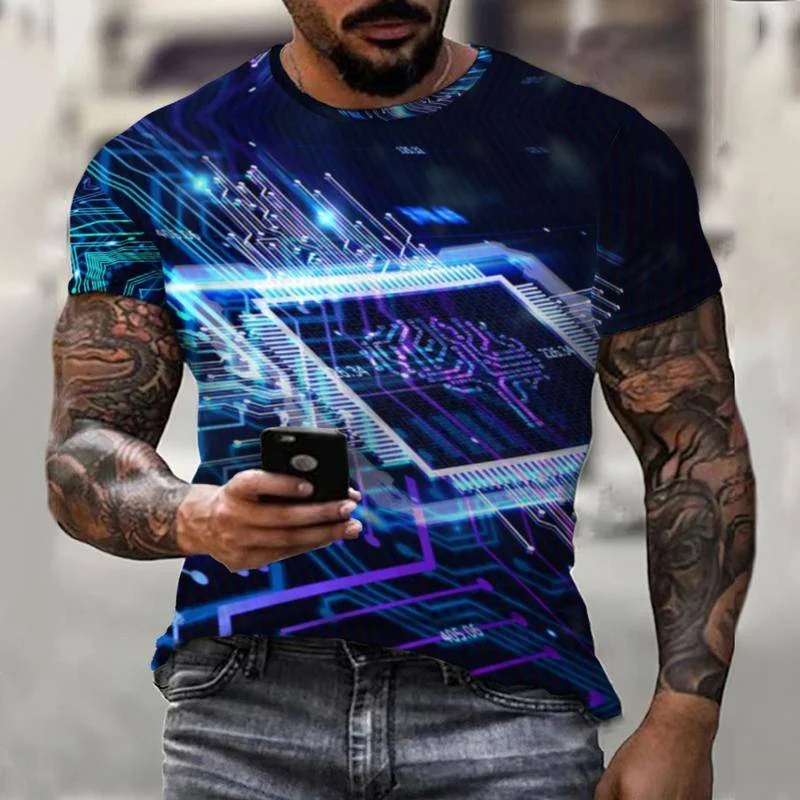 Electronic Chip Electronic Technology Men's 3D Printing Summer Men's T-Shirt Street Short Sleeve Oversized Sportswear Top