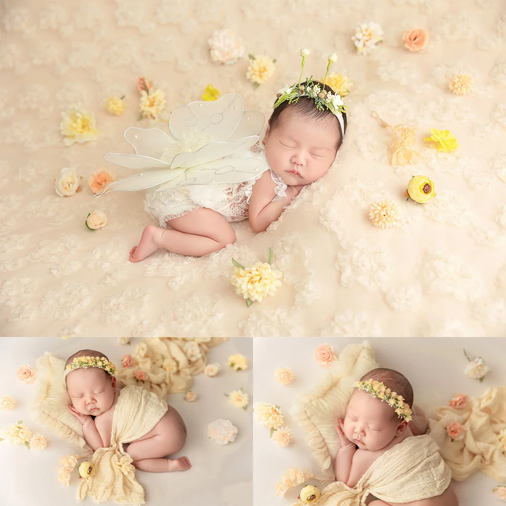 

Newborn Photography Props Soft High Stretchable Wrap Lace Pillow Hat Headdress Flower Butterfly Wing Studio Baby Photoshoot Prop