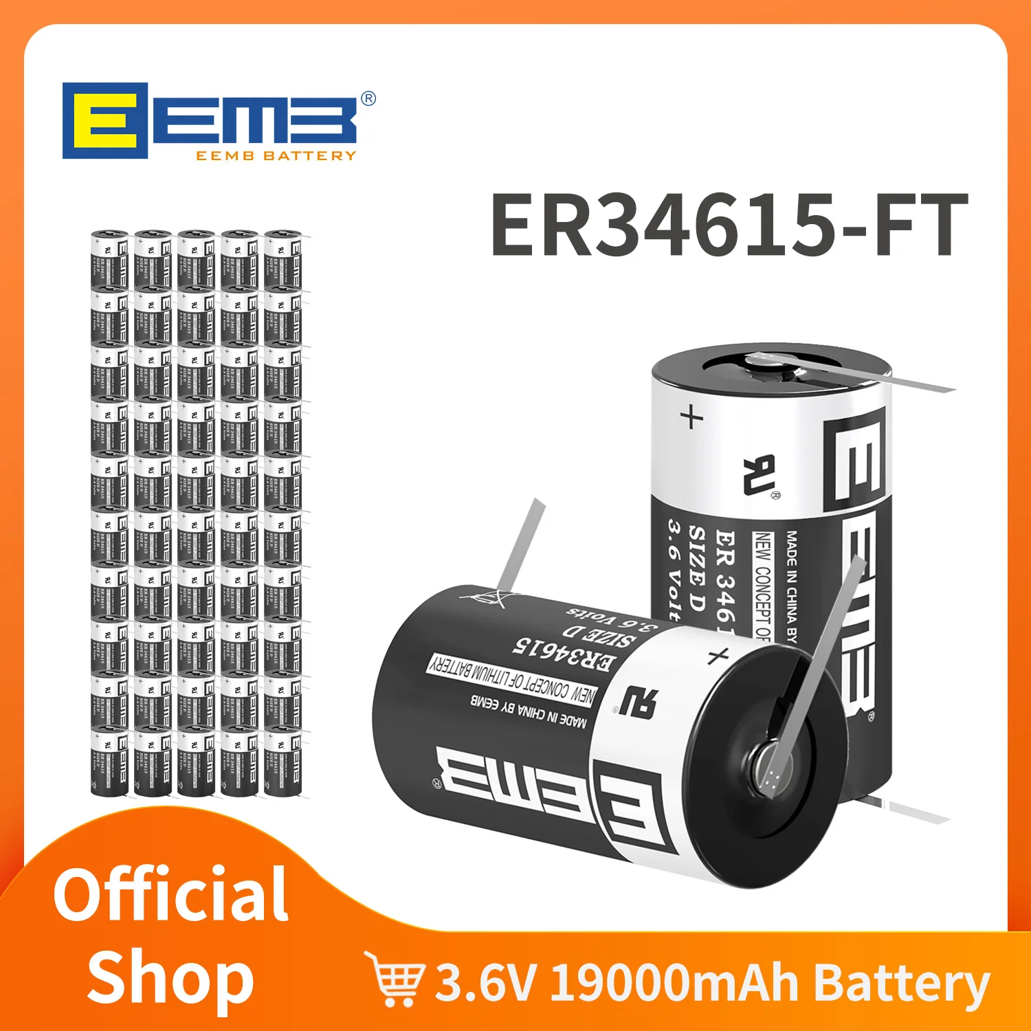 Bateria de pilha de lítio EEB com FT Pin, não recarregável, bateria do PLC, 3.6V, tamanho D, er34615-ft, 19000mAh