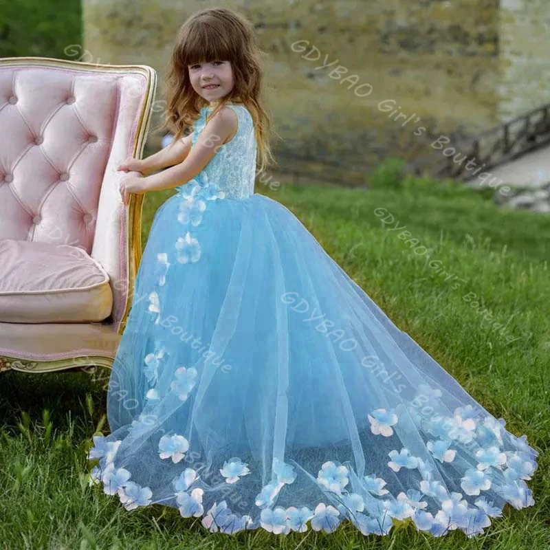 فستان بناتي على شكل زهرة الأميرة الصفراء مزين ثلاثي الأبعاد لحفلات أعياد الميلاد للأطفال من الدانتيل من التول مخصص لحفلات الزفاف مع قطار