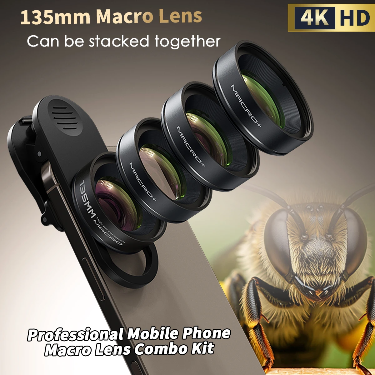 

4K HD 135mm Macro Lens 3X-12X Stackable Long Distance Camera Lenses kit for Mobile Phone iPhone Android HUAWEI with Sliding Clip
