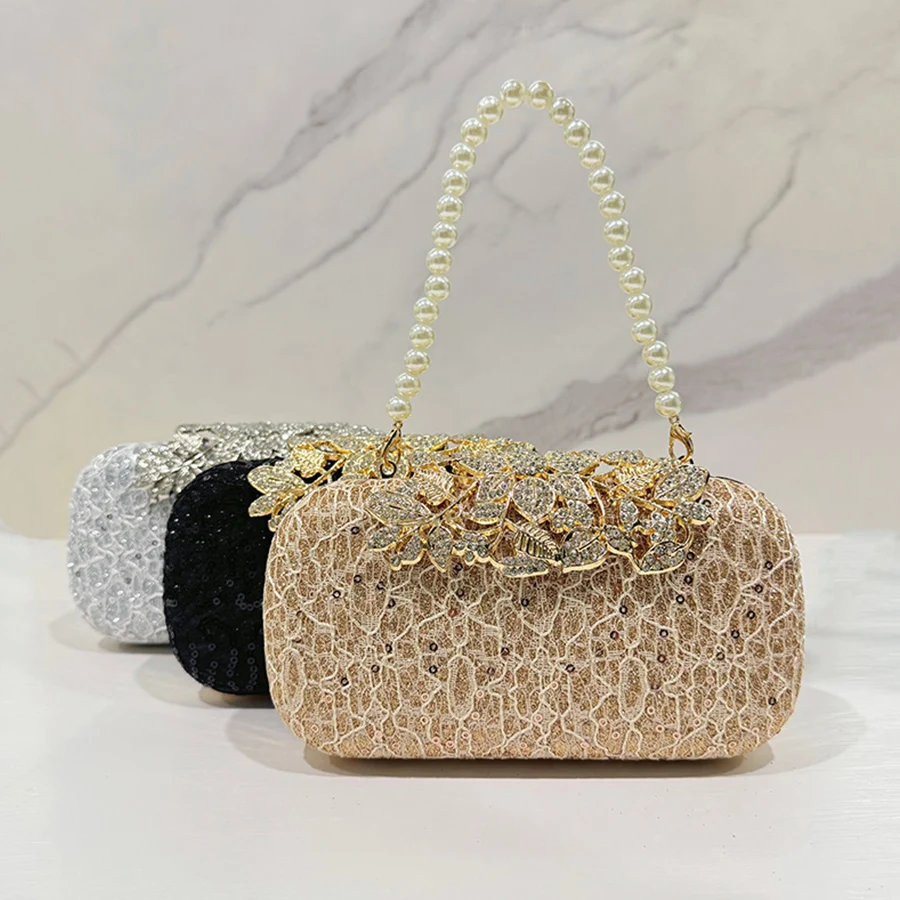 

Women Clutch Glitter Sequins Evening Party Handbags Portable Gold Silver Diamond Wedding Clutches Purse Pearl Chain Shoulder Bag