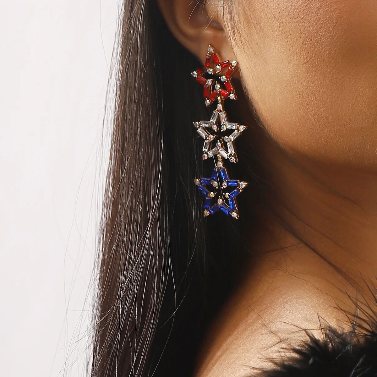 Stylish geometric diamond-set drip earrings American Independence Day personalized design blue, white and red flannel necklace