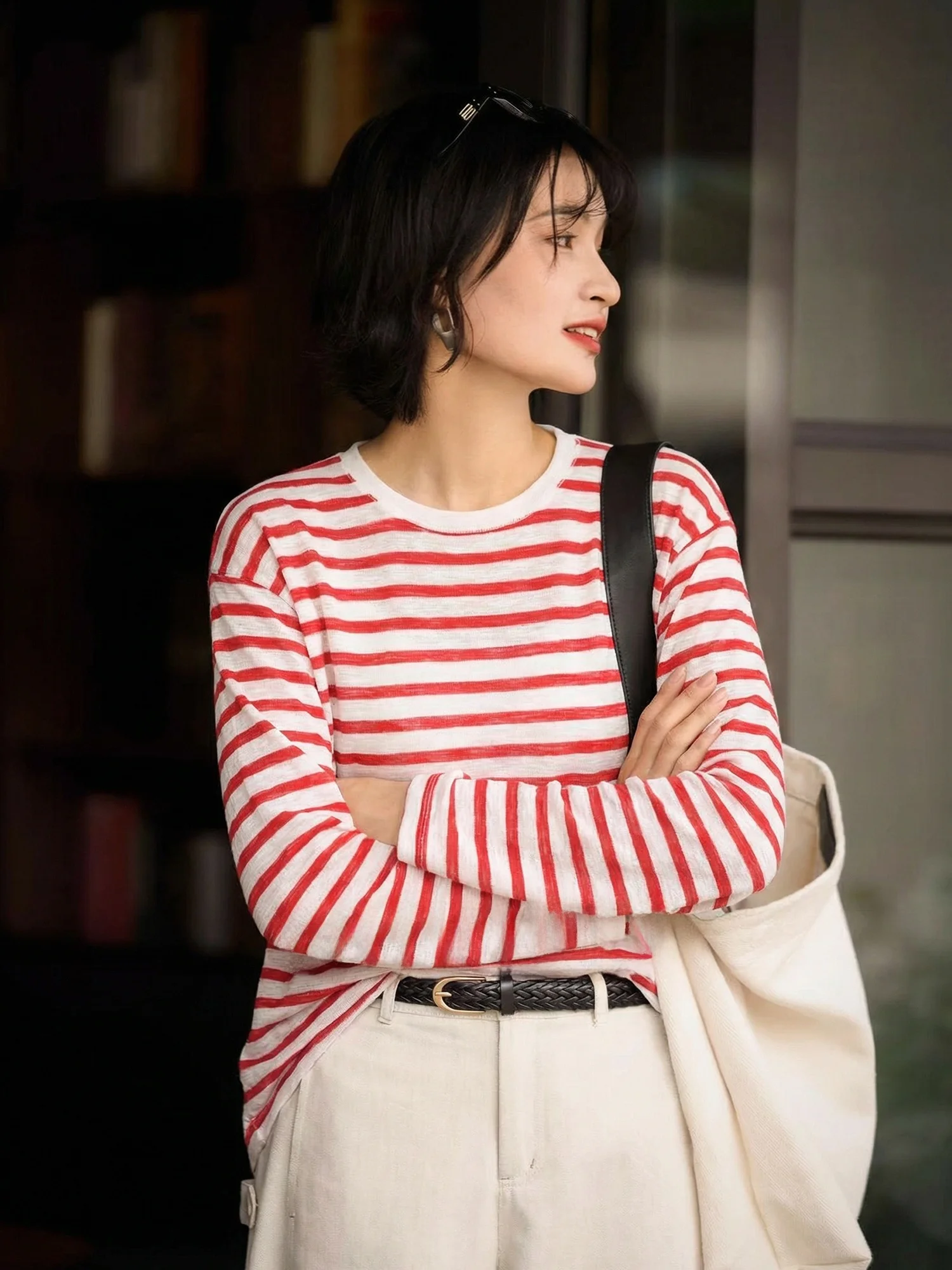 

Женская трикотажная футболка Chivirin из шелка и льна с длинным рукавом, весенняя, в красно-белую полоску, свободного кроя, универсальная, с круглым вырезом, базовый слой