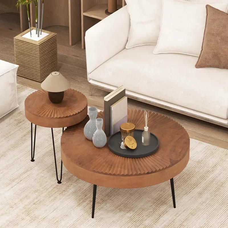 for Factory Hot Selling Customizable Wooden Round Split Coffee Table Set 2 Piece Nesting Tables for Drinks and Living Room