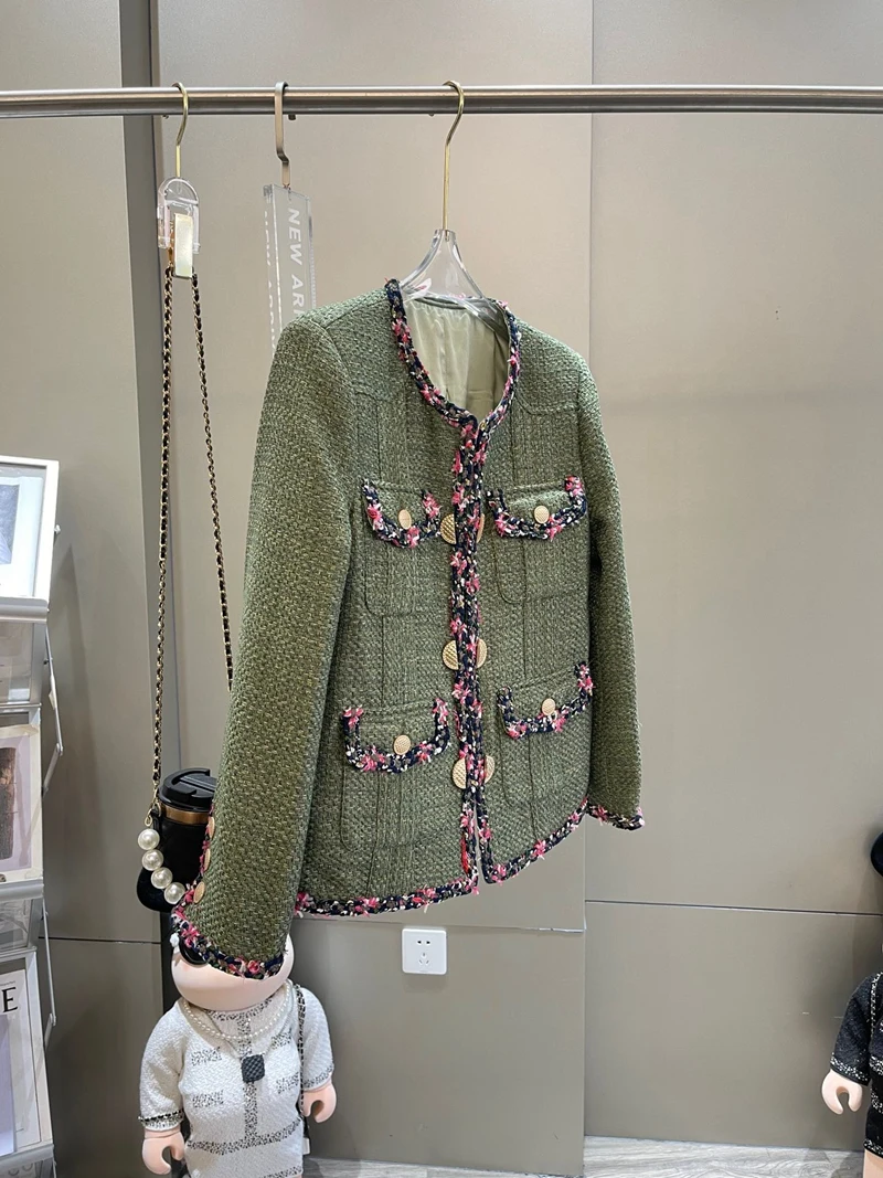 Lingzhi Wu French Ladies Green Elegant Top Quality Outerwear Female 2024 Spring Autumn Tweed Outwear O-Neck Patchwork NewArrival