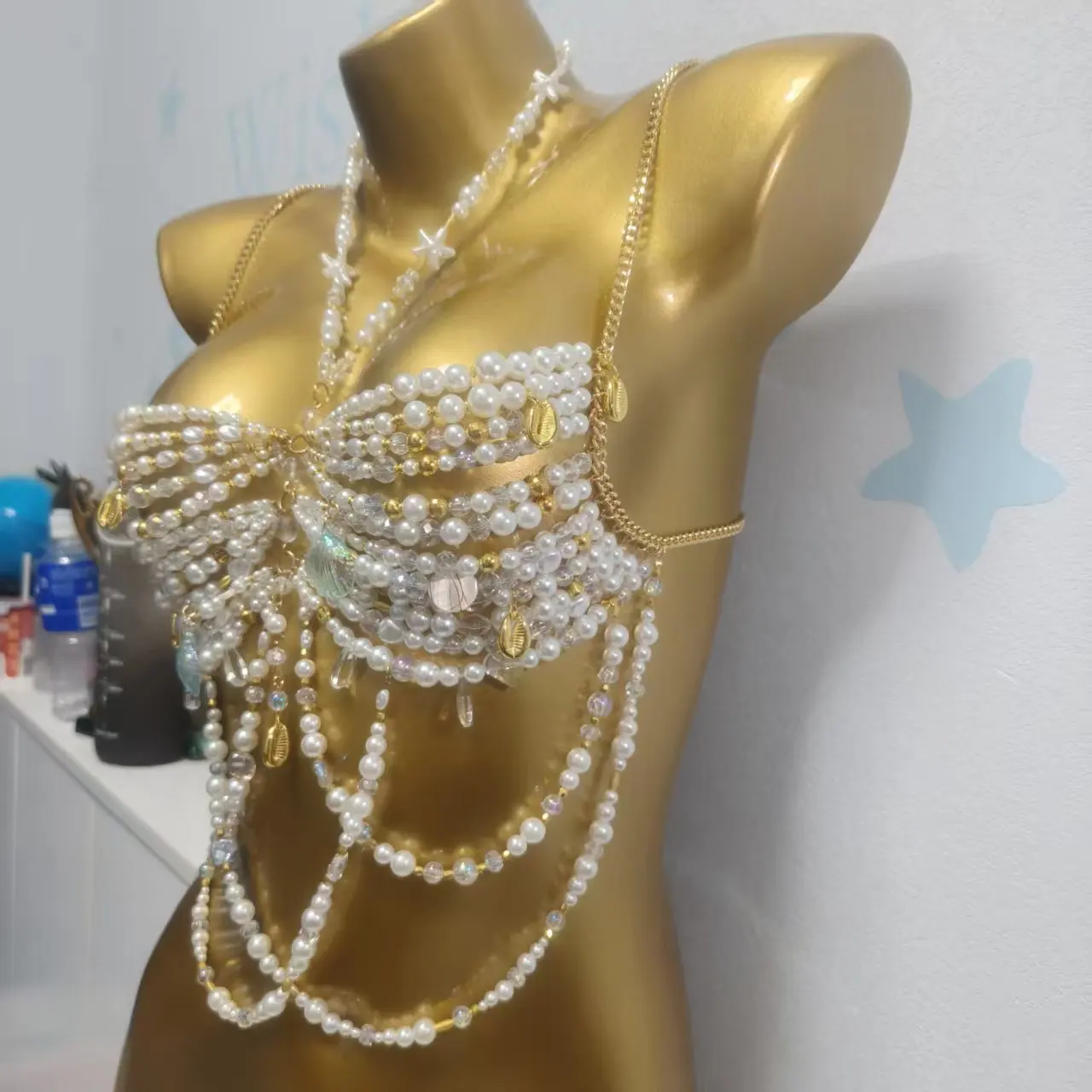 European And American Style Handmade Beaded Tassel Chest Chain Tank Top, Women'S Beach Party Sexy Body Beaded Top Popular