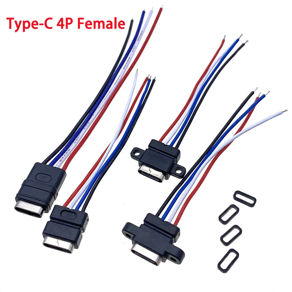 Водонепроницаемый разъем USB типа C с резиновым кольцом, гнездовой разъем для быстрой зарядки, 4-контактный разъем USB-C для зарядного устройства