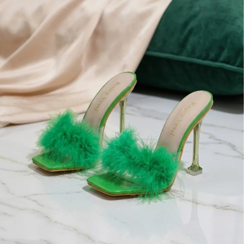

2026 European and American Foreign Trade Feather Transparent Crystal High Heels Pointed Fine Heels Cool Slippers 11CM