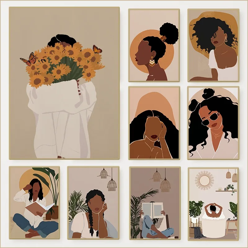 مجردة امرأة سوداء صورة المشارك فتاة الموضة الأمريكية الأفريقية قماش اللوحة بوهو جدار الفن لغرفة المعيشة ديكور المنزل #1