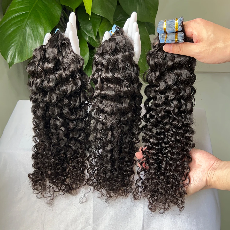 PU Tape In Hair Extensions Deep Curly Human Hair 4x0.8 cm Seamless Weft Hand Tied Adhesives Tape-Ins 100grams Wavy Virgin Hair