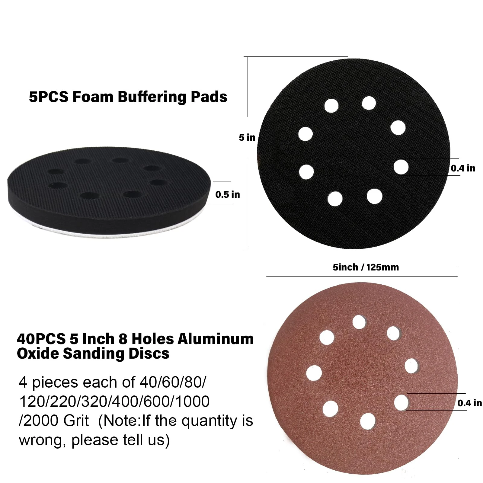 5 Inch Foam Sandpaper Kit 45 Pcs 8 Holes Assorted Grit 40-2000 with Interface Pad and Sandpaper for Grinding Wool and Metal