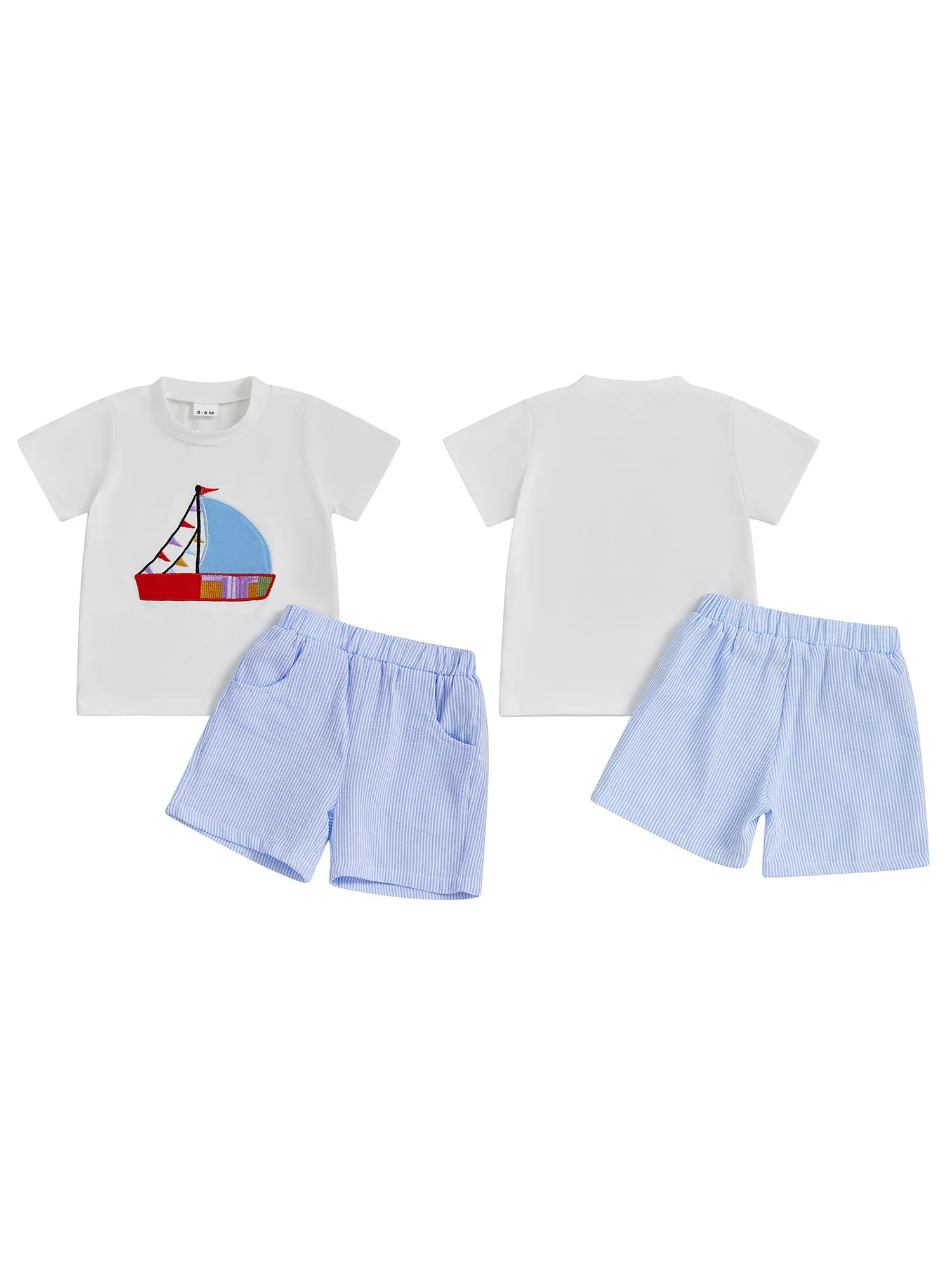 ชุดเดินเรือเด็กทารกน่ารักพร้อมเสื้อยืด Anchor Applique และกางเกงขาสั้นลายทางสีน้ําเงินกรมท่าชุด 2 ชิ้นสําหรับความสนุกสนานในฤดูร้อน