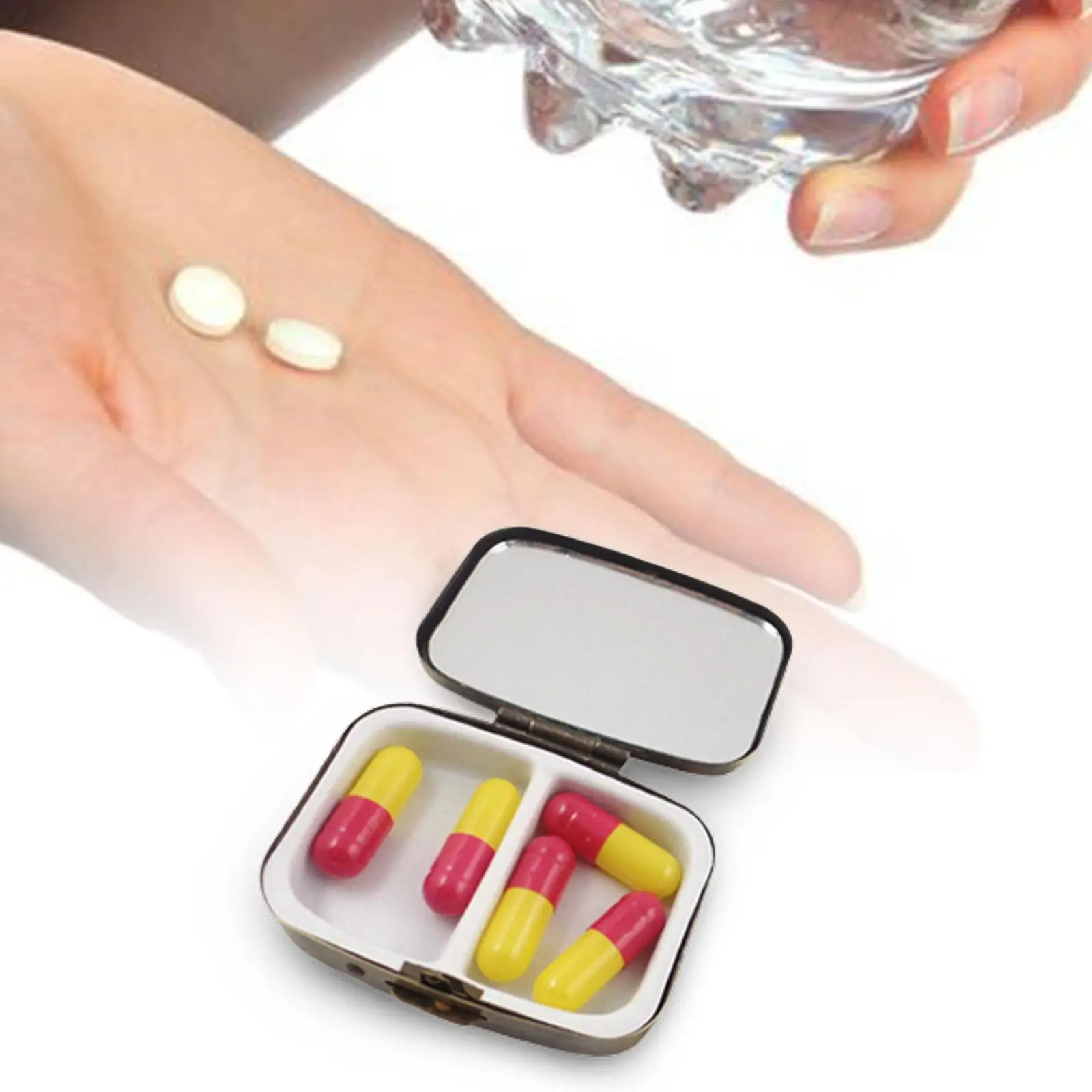 Pocket or Purse Pill Box Rectangle Shape Durable Portable 2 Compartment Pill