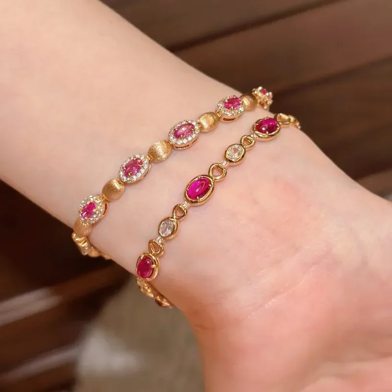 Vintage light luxury style wire drawing inlaid oval ruby bracelet for women High quality exquisite wedding bride bangles jewelry