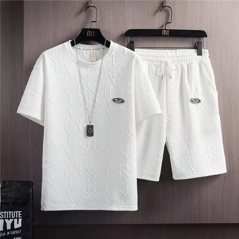 Summer Tshirt Shorts 2 Pieces Set White Tracksuit Men\'s 3D Letters Vintage Streetwear Creative Pattern Men Sets Short Outfits