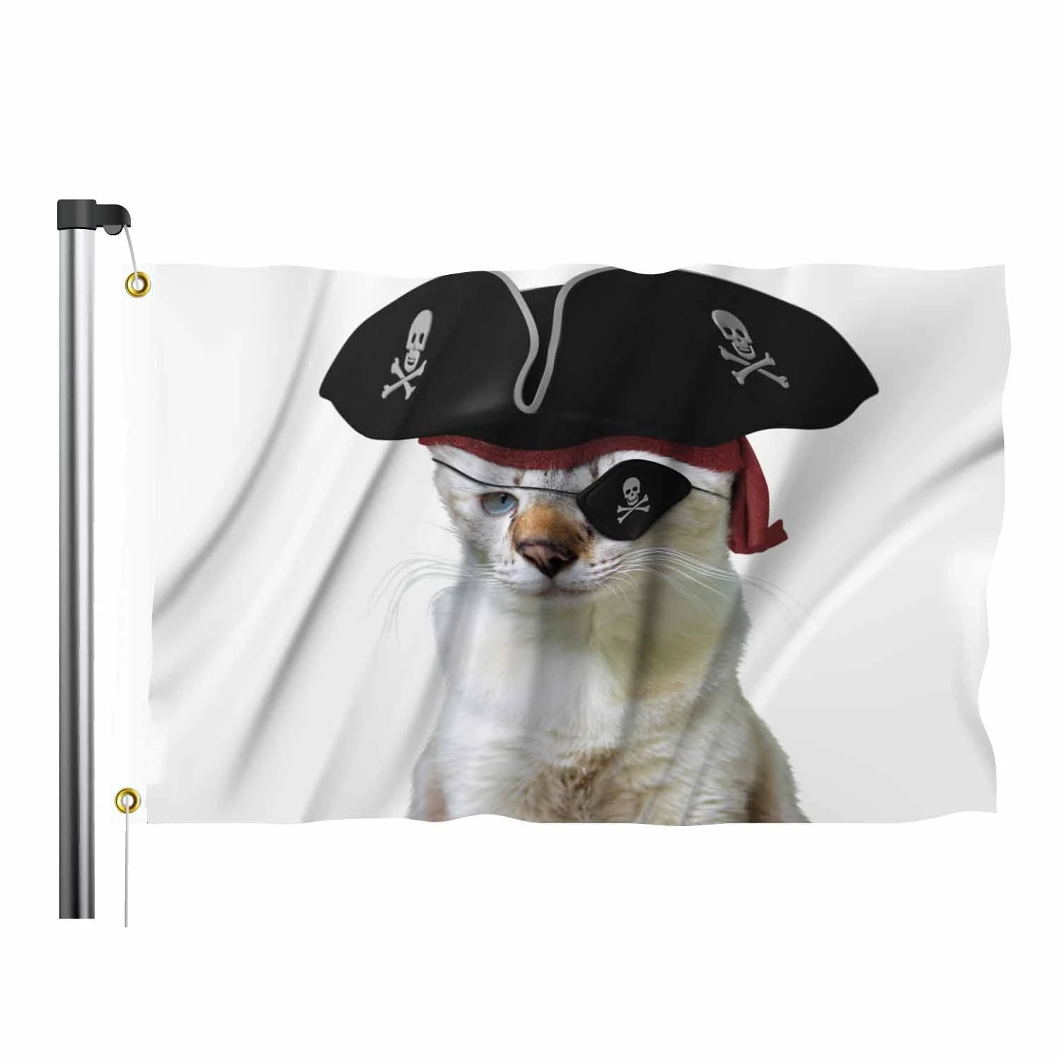 Cat Pirate Flag Funny Animal Skull Blindfold Triangular Hat Kitten Captain Flag Big Flag for Outdoor Indoor Home Garden Decor